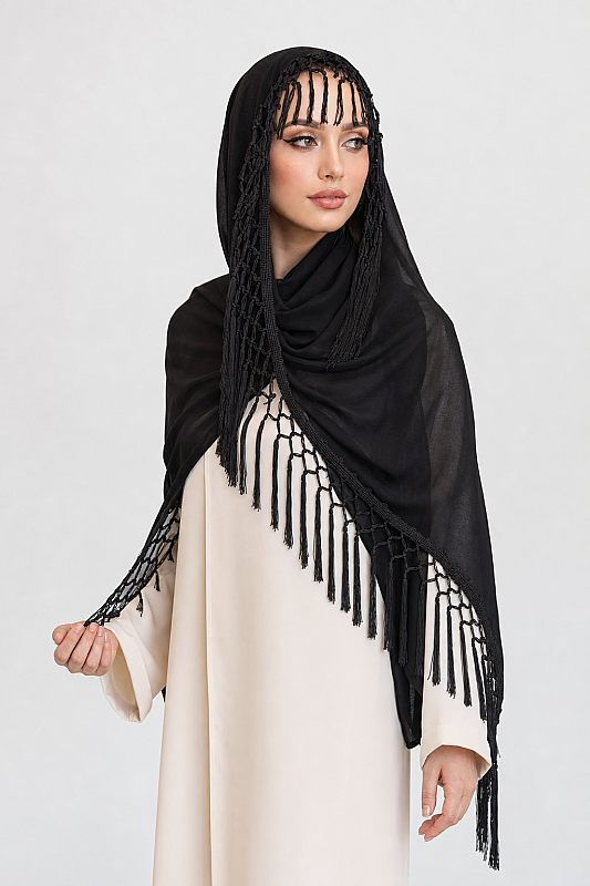 Siyah Püsküllü Şifon Şal 170cmx65cm - 2