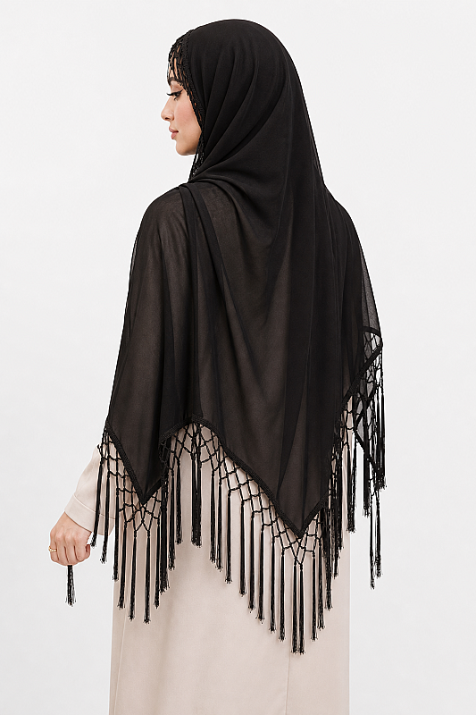 Siyah Püsküllü Şifon Şal 170cmx65cm - 3