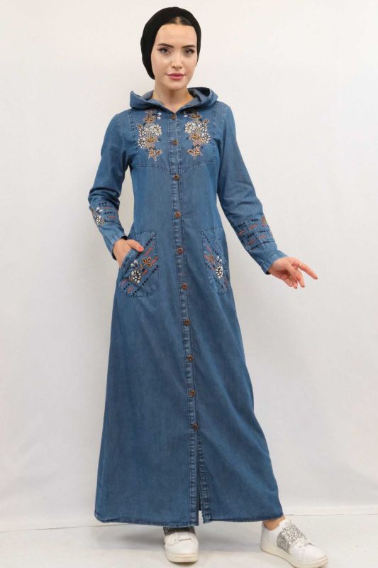 Moda Çizgi Taş ve Nakış İşlemeli Kot Kap - 1