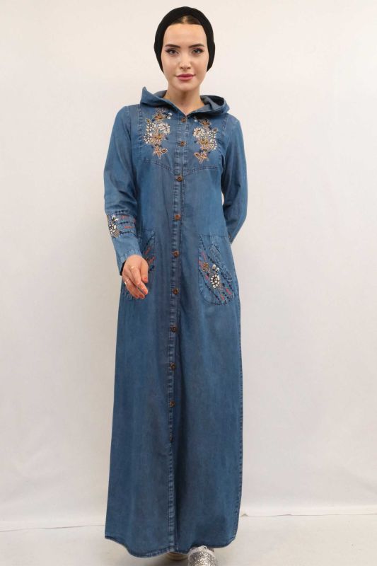 Moda Çizgi Taş ve Nakış İşlemeli Kot Kap - 2