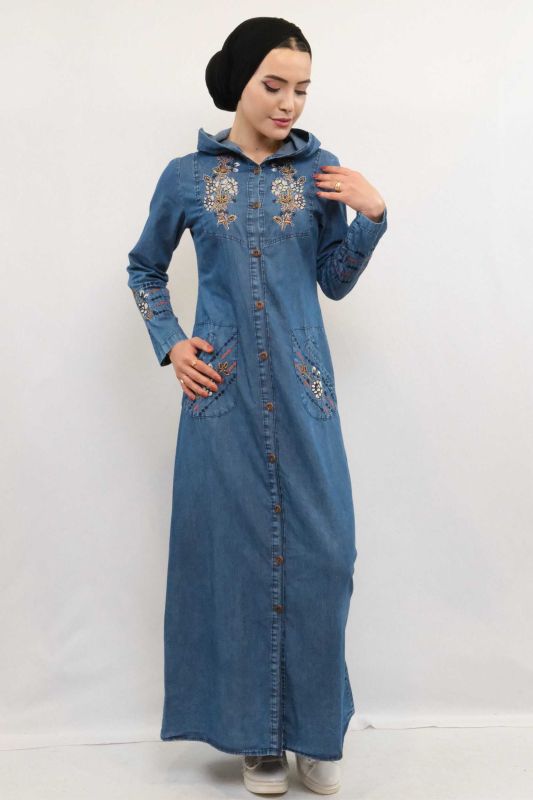 Moda Çizgi Taş ve Nakış İşlemeli Kot Kap - 4