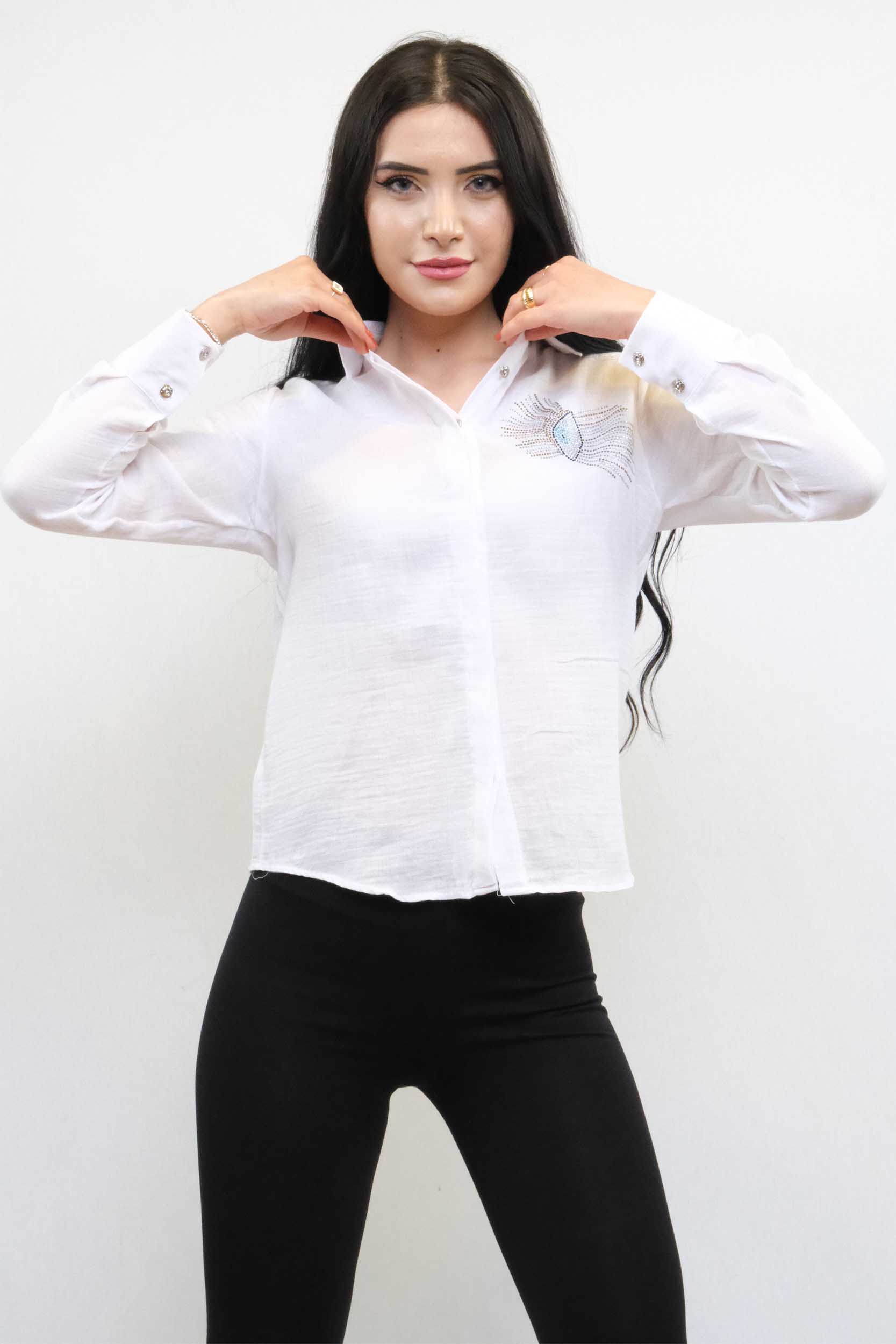 Moda Çizgi Taşlı  Keten Gömlek MC2301 Beyaz - 36 | Beyaz