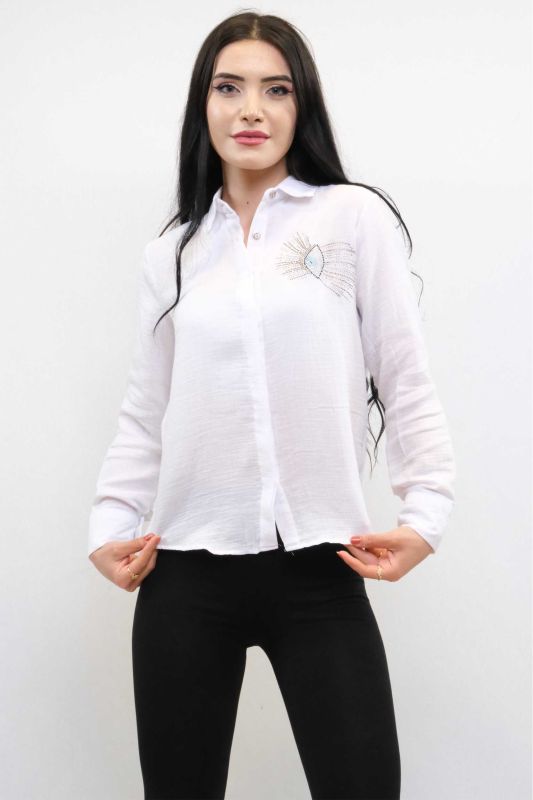 Moda Çizgi Taşlı Keten Gömlek MC2301 Beyaz - 2