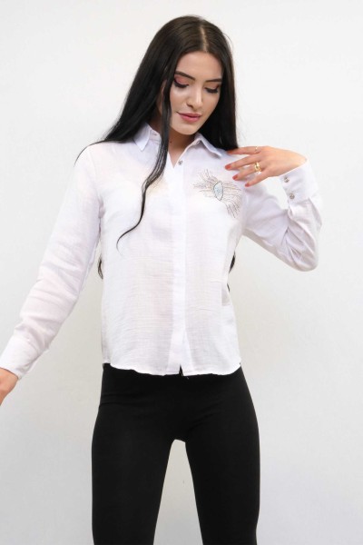 Moda Çizgi Taşlı Keten Gömlek MC2301 Beyaz - Thumbnail