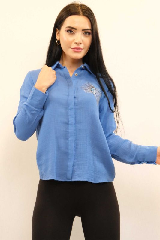 Moda Çizgi Taşlı Keten Gömlek MC2301 İndigo - 1