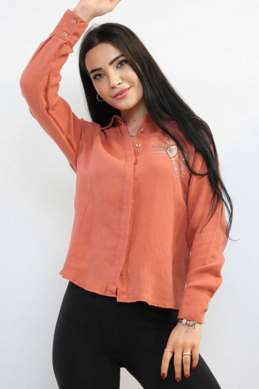 Moda Çizgi Taşlı Keten Gömlek MC2301 Mercan - 2