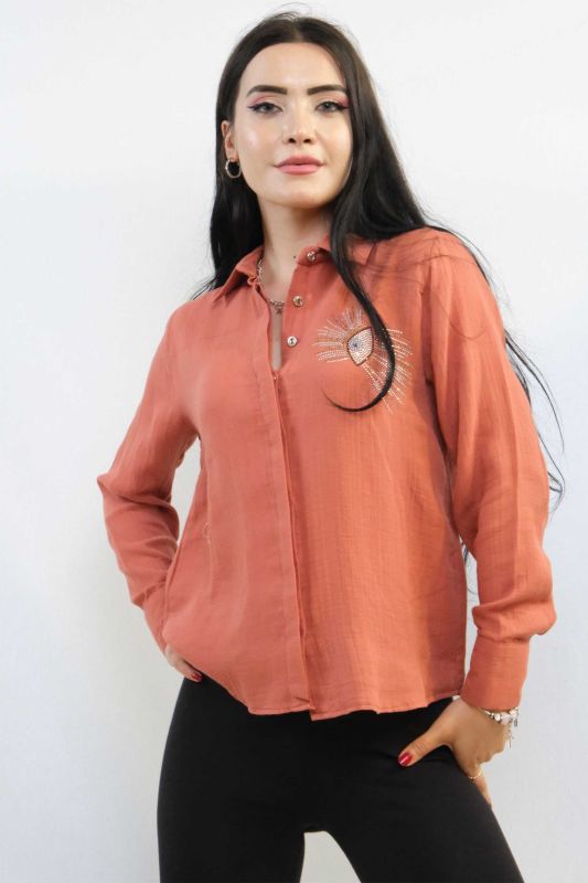 Moda Çizgi Taşlı Keten Gömlek MC2301 Mercan - 1