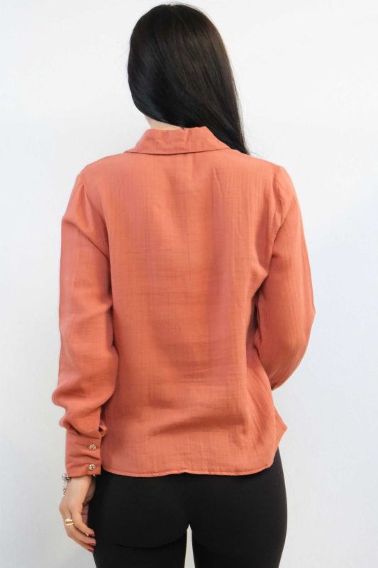Moda Çizgi Taşlı Keten Gömlek MC2301 Mercan - 3