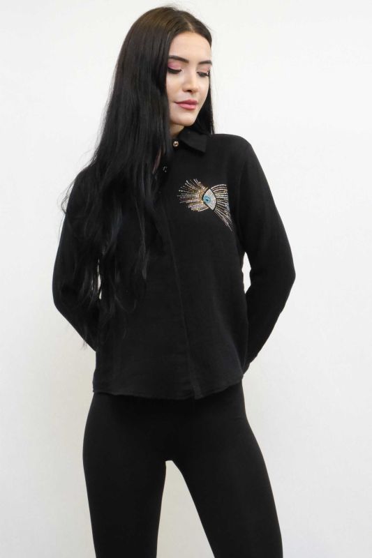 Moda Çizgi Taşlı Keten Gömlek MC2301 Siyah - 2