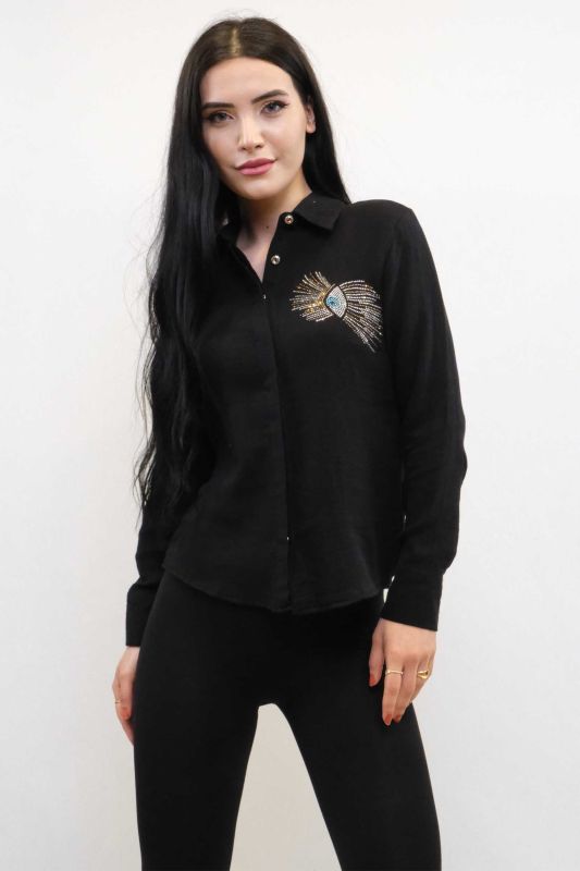 Moda Çizgi Taşlı Keten Gömlek MC2301 Siyah - 1