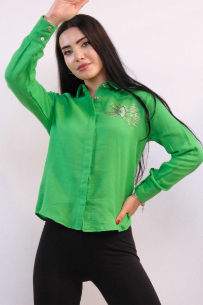 Moda Çizgi Taşlı Keten Gömlek MC2301 Yeşil - Thumbnail