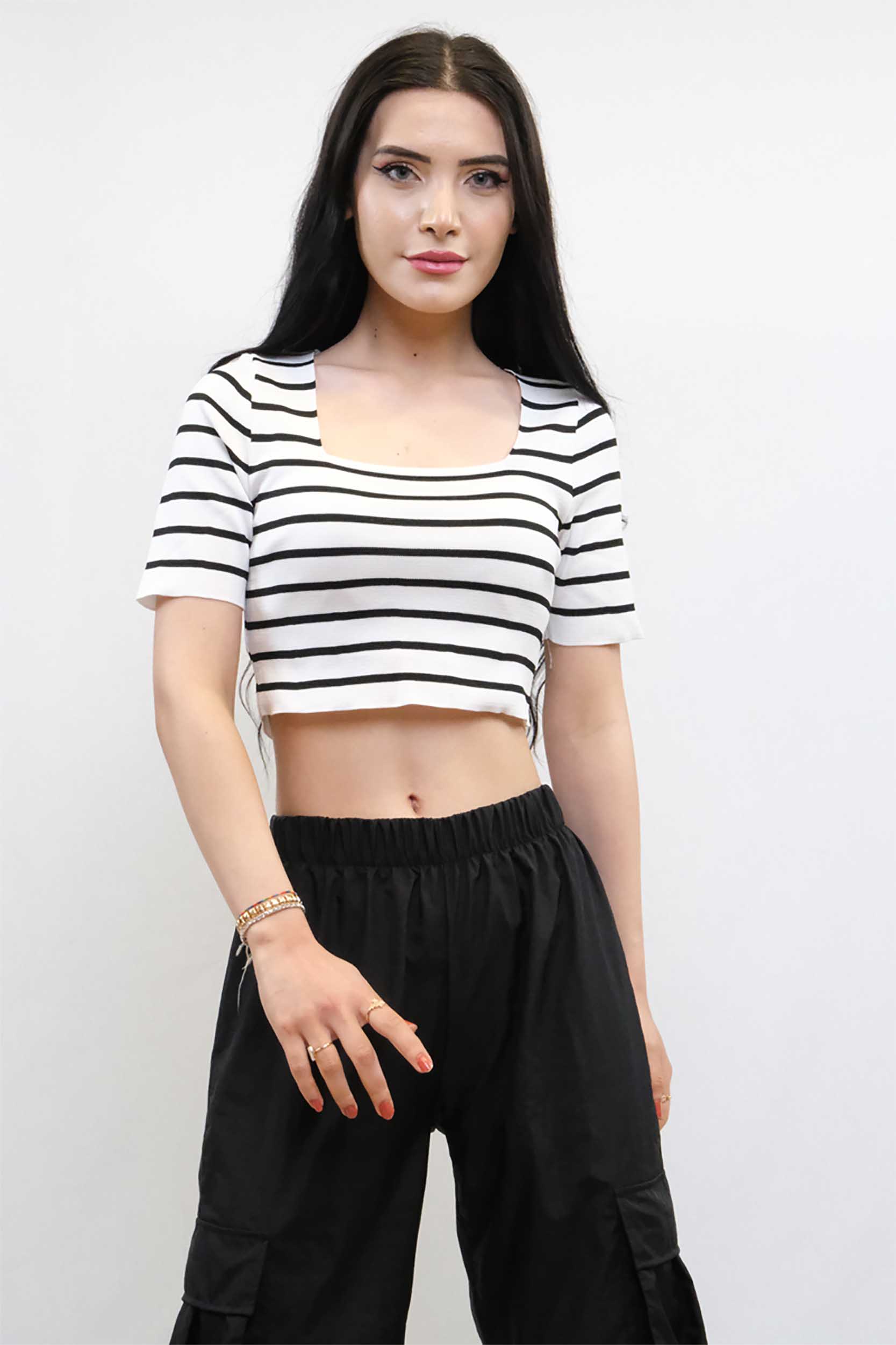 Moda Çizgi Triko Crop Çizgili  Beyaz - STD | Beyaz