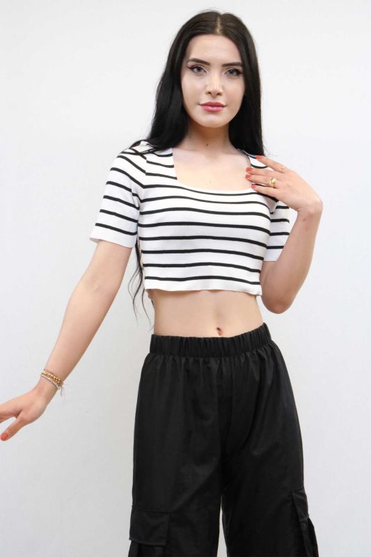 Moda Çizgi Knitwear Crop Striped White - 3