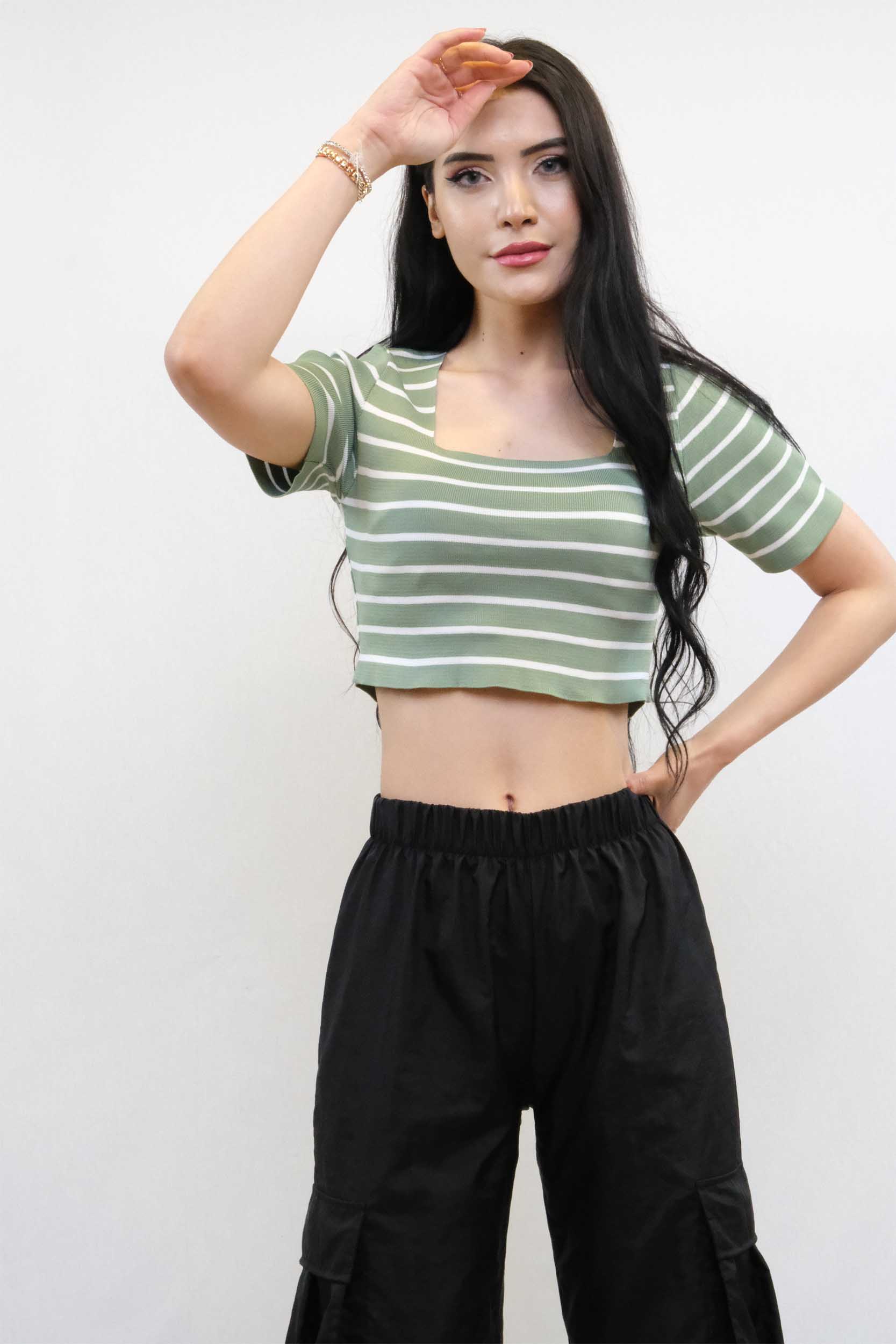 Moda Çizgi Triko Crop Çizgili Mint - STD | MİNT YEŞİLİ