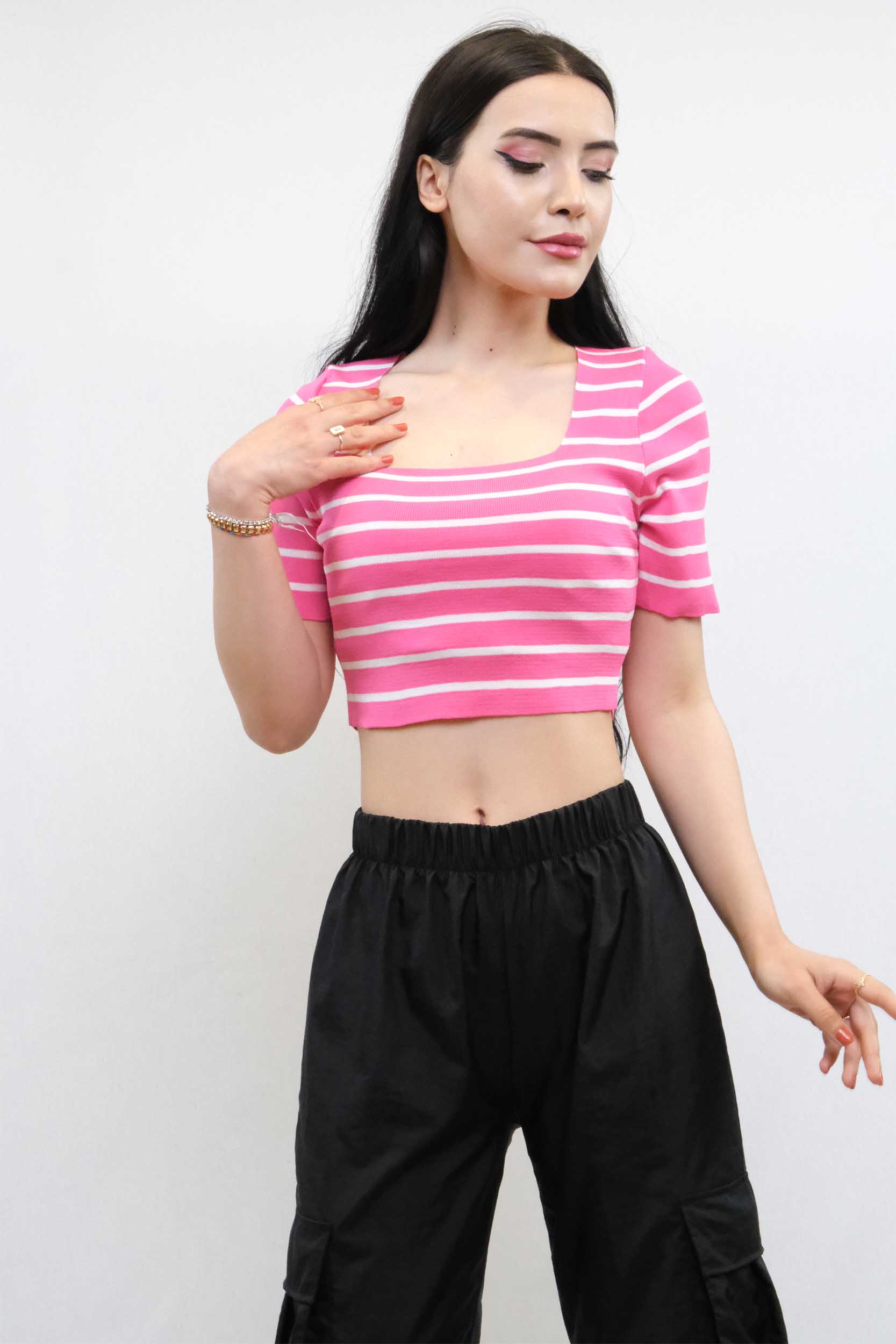 Moda Çizgi Triko Crop Çizgili Pembe - STD | Pembe