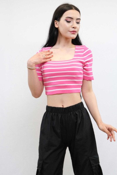 Moda Çizgi - Moda Çizgi Triko Crop Çizgili Pembe