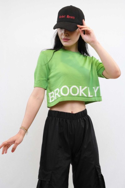 Moda Çizgi Triko Crop Yeşil - Thumbnail