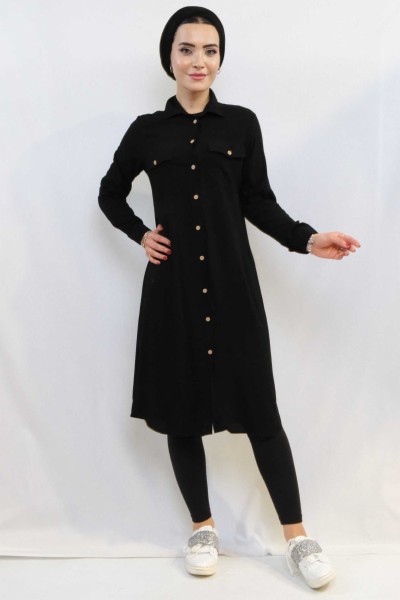 Moda Çizgi Tunik Gömlek Siyah - Thumbnail