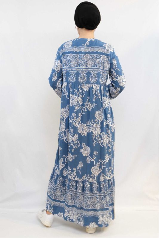 Moda Çizgi Vintage Desen Elbise Mavi - 2