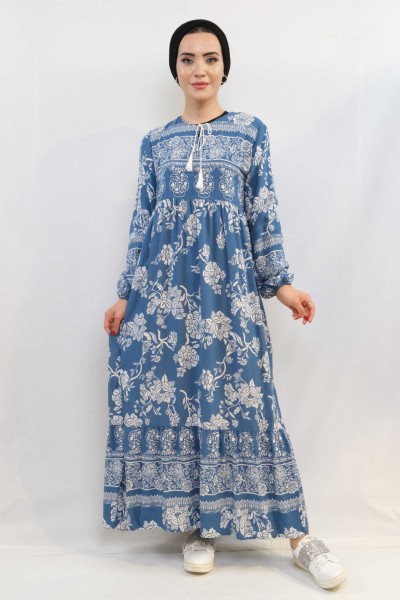 Moda Çizgi Vintage Desen Elbise Mavi - Thumbnail
