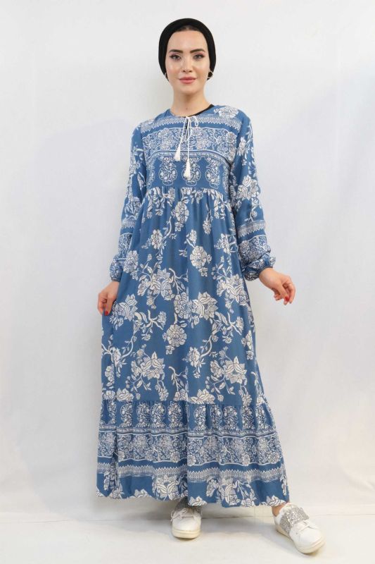 Moda Çizgi Vintage Desen Elbise Mavi - 1