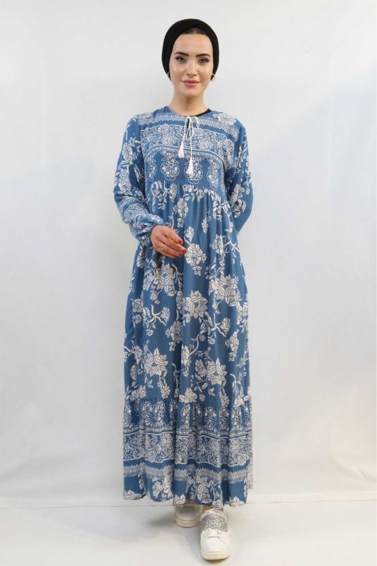 Moda Çizgi Vintage Desen Elbise Mavi - 3