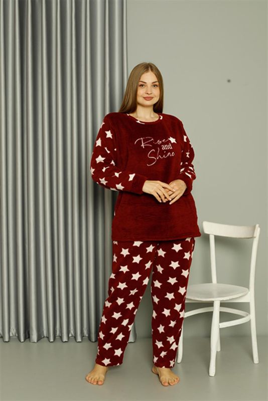 Moda Çizgi Welsoft Polar Kadın Büyük Beden Bordo Pijama Takımı 808042 - 1