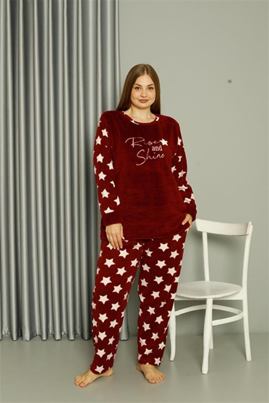 Moda Çizgi Welsoft Polar Kadın Büyük Beden Bordo Pijama Takımı 808042 - 2