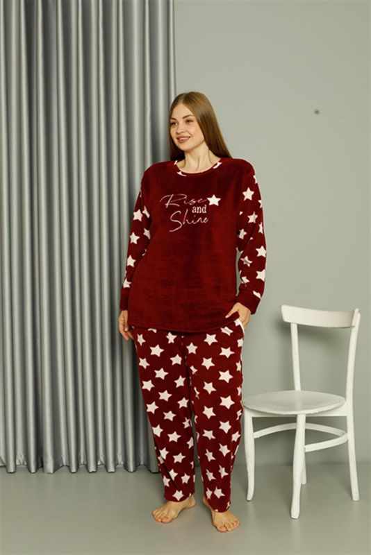 Moda Çizgi Welsoft Polar Kadın Büyük Beden Bordo Pijama Takımı 808042 - 3
