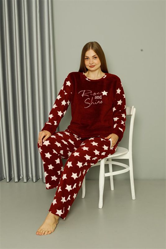 Moda Çizgi Welsoft Polar Kadın Büyük Beden Bordo Pijama Takımı 808042 - 4