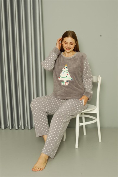 Moda Çizgi Welsoft Polar Kadın Büyük Beden Gri Pijama Takımı 808048 - Thumbnail