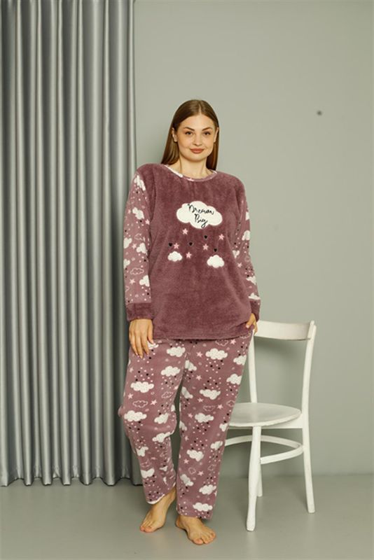 Moda Çizgi Welsoft Polar Kadın Büyük Beden Lila Pijama Takımı 808044 - 1