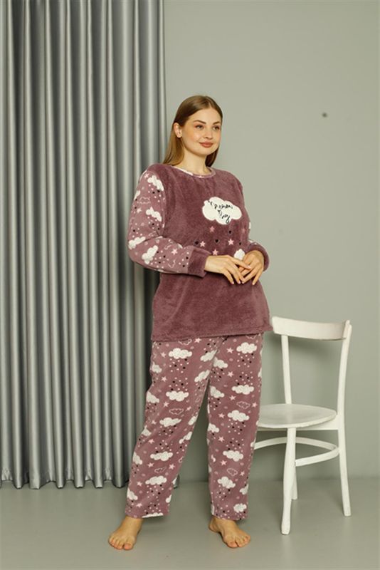 Moda Çizgi Welsoft Polar Kadın Büyük Beden Lila Pijama Takımı 808044 - 2