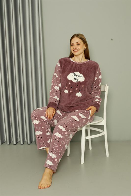 Moda Çizgi Welsoft Polar Kadın Büyük Beden Lila Pijama Takımı 808044 - 3