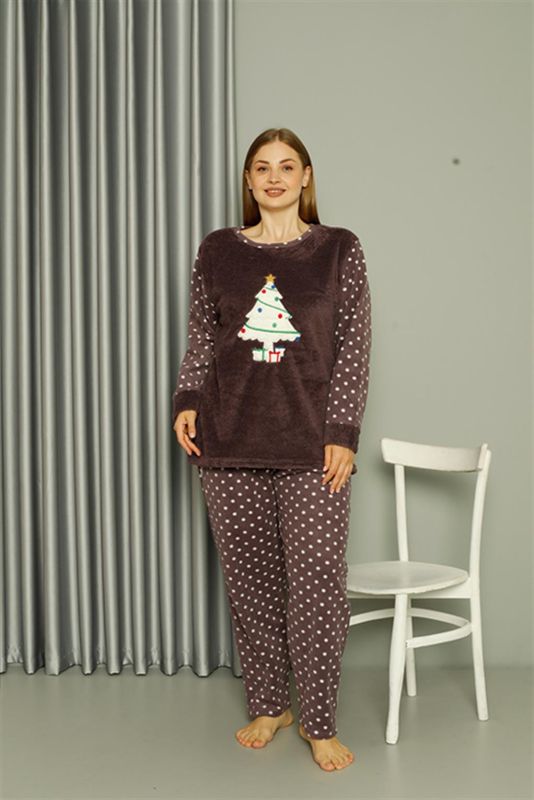Moda Çizgi Welsoft Polar Kadın Büyük Beden Mürdüm Pijama Takımı 808048 - 1