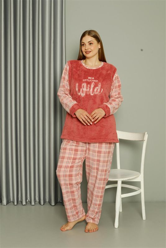 Moda Çizgi Welsoft Polar Kadın Büyük Beden Pudra Pijama Takımı 808040 - 1