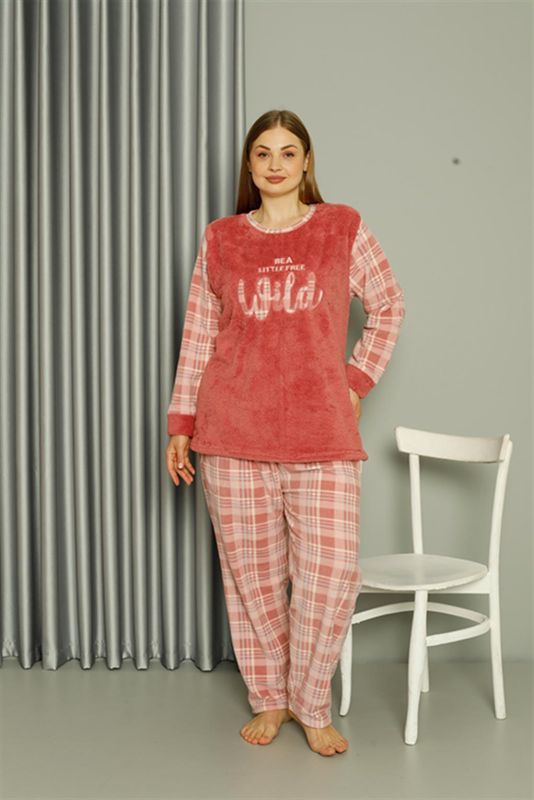Moda Çizgi Welsoft Polar Kadın Büyük Beden Pudra Pijama Takımı 808040 - 3