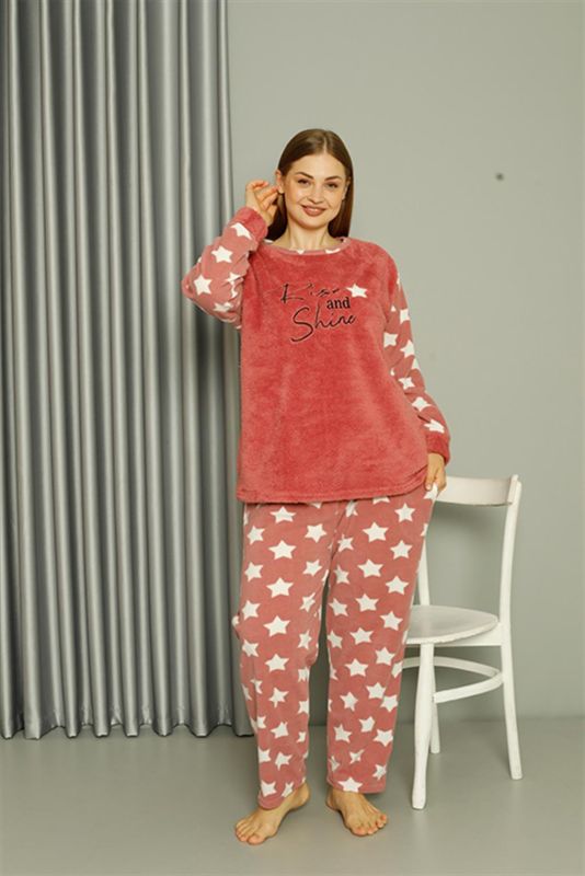 Moda Çizgi Welsoft Polar Kadın Büyük Beden Pudra Pijama Takımı 808042 - 1