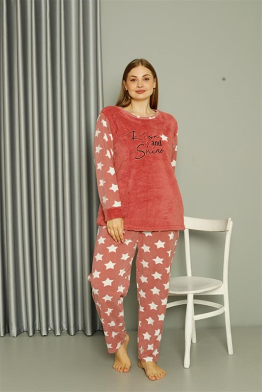 Moda Çizgi Welsoft Polar Kadın Büyük Beden Pudra Pijama Takımı 808042 - 2