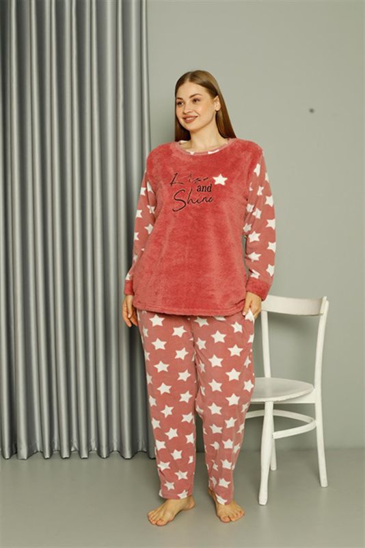 Moda Çizgi Welsoft Polar Kadın Büyük Beden Pudra Pijama Takımı 808042 - 3