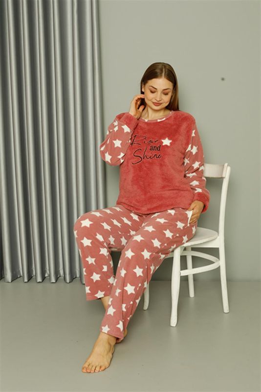 Moda Çizgi Welsoft Polar Kadın Büyük Beden Pudra Pijama Takımı 808042 - 4