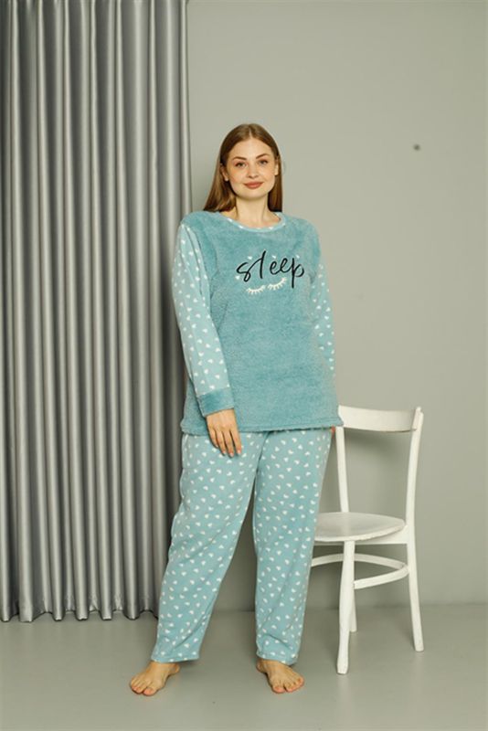 Moda Çizgi Welsoft Polar Kadın Büyük Beden Su Yeşili Pijama Takımı 808046 - 1