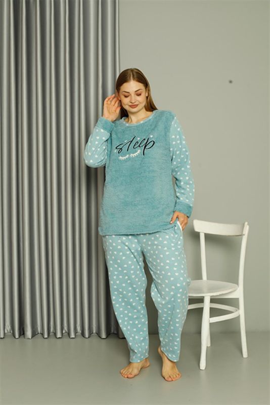 Moda Çizgi Welsoft Polar Kadın Büyük Beden Su Yeşili Pijama Takımı 808046 - 2