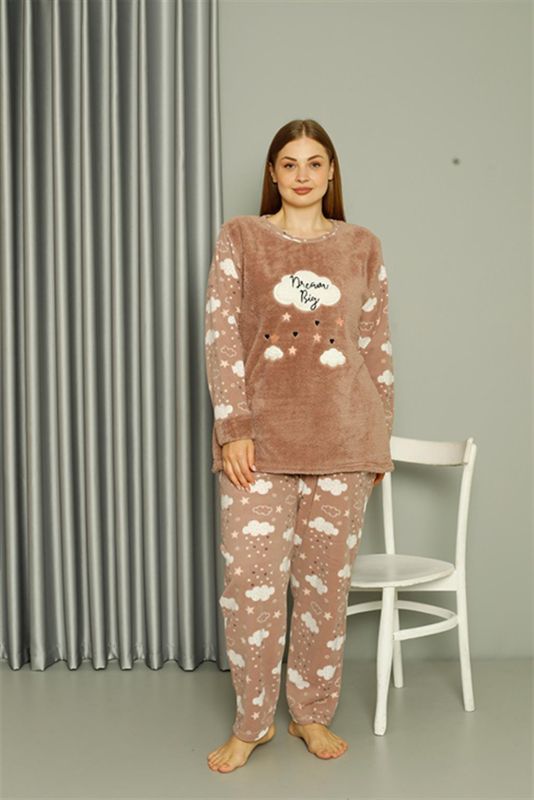 Moda Çizgi Welsoft Polar Kadın Büyük Beden Sütlü Kahve Pijama Takımı 808044 - 1