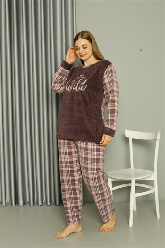 Moda Çizgi Welsoft Polar Kadın Büyük Beden Vizon Pijama Takımı 808040 - 1