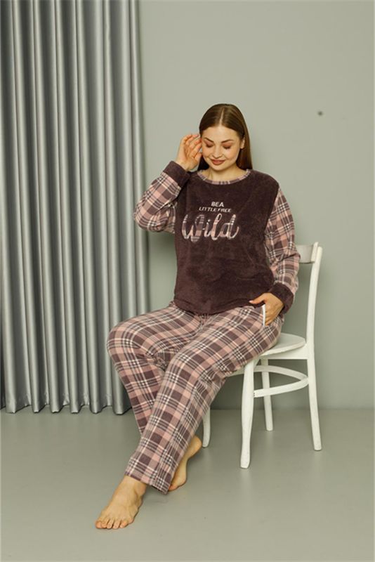 Moda Çizgi Welsoft Polar Kadın Büyük Beden Vizon Pijama Takımı 808040 - 2