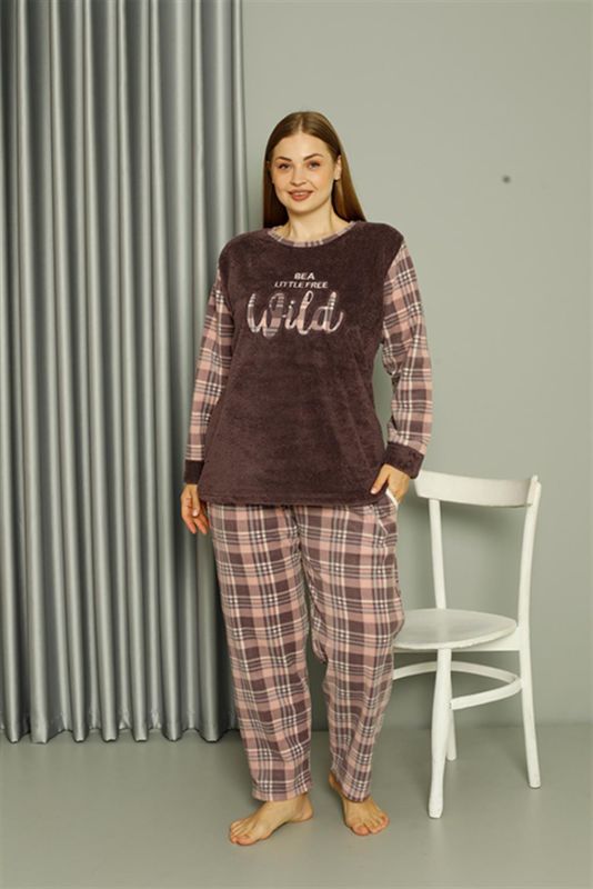 Moda Çizgi Welsoft Polar Kadın Büyük Beden Vizon Pijama Takımı 808040 - 3