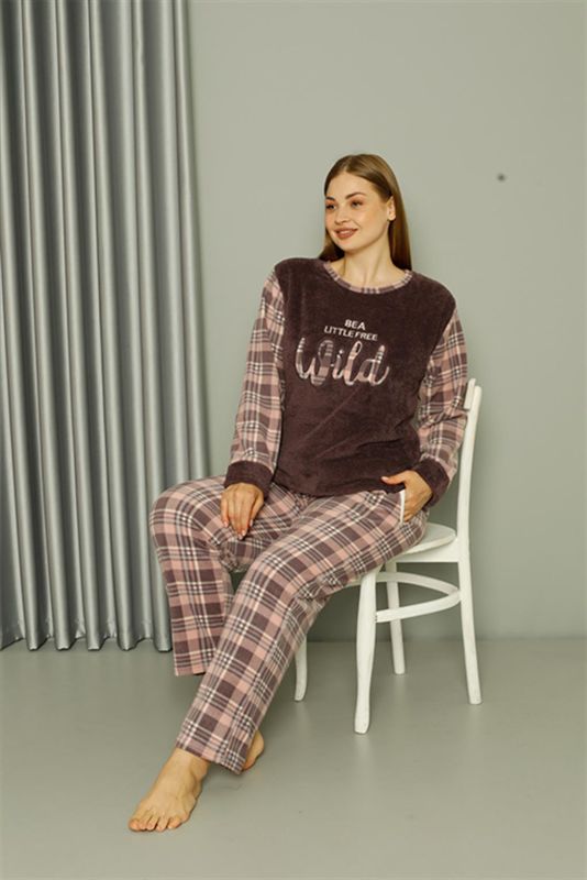Moda Çizgi Welsoft Polar Kadın Büyük Beden Vizon Pijama Takımı 808040 - 4