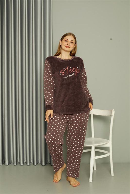 Moda Çizgi Welsoft Polar Kadın Büyük Beden Vizon Pijama Takımı 808046 - 1