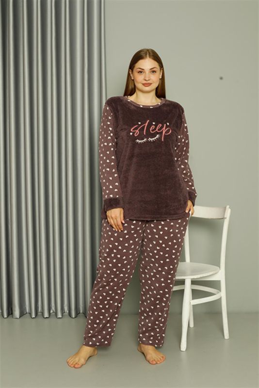 Moda Çizgi Welsoft Polar Kadın Büyük Beden Vizon Pijama Takımı 808046 - 2